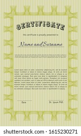 Yellow Certificate. Complex background. Cordial design. Vector illustration. 