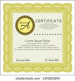 Yellow Certificate. With complex background. Detailed. Money design. 