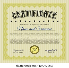 Yellow Certificate. Complex background. Excellent design. Vector illustration. 