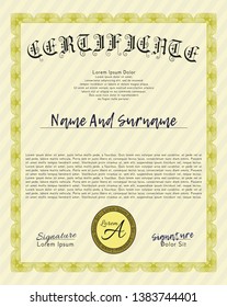 Yellow Certificate. With complex linear background. Vector illustration. Perfect design. 