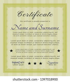 Yellow Certificate. With complex linear background. Vector illustration. Money design. 