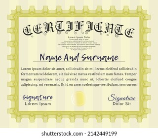 Certificado amarillo.  Diseño cordial.  Fondo complejo.  Ilustración vectorial. 