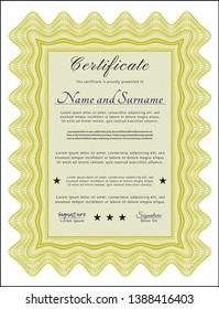 Yellow Certificate. Cordial design. Vector illustration. With great quality guilloche pattern. 
