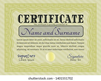 Yellow Certificate. Customizable, Easy to edit and change colors. With complex linear background. Money style design. 