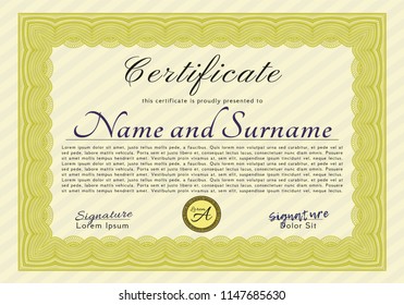 Yellow Certificate. Detailed. Complex background. Nice design. 