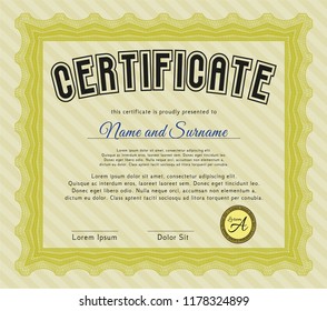 Yellow Certificate. Detailed. With complex background. Money style design. 