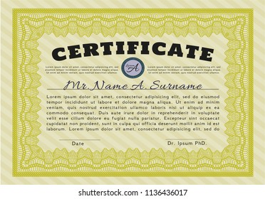 Yellow Certificate. Detailed. With guilloche pattern and background. Sophisticated design. 
