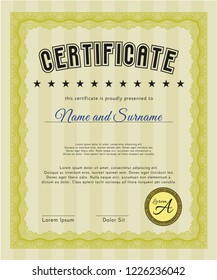 Yellow Certificate. Detailed. With guilloche pattern and background. Nice design. 