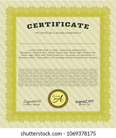 Yellow Certificate diploma or award template. Artistry design. Vector illustration. Printer friendly. 