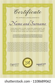  Yellow Certificate diploma or award template. With guilloche pattern and background. Good design. Detailed. 