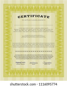 Yellow Certificate diploma or award template. Nice design. With guilloche pattern and background. Detailed. 