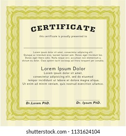 Yellow Certificate diploma or award template. Complex background. Detailed. Superior design. 