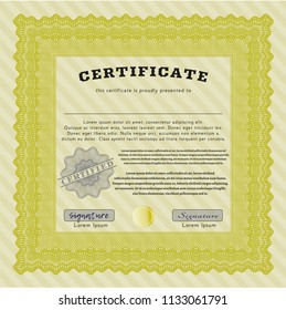 Yellow Certificate diploma or award template. Beauty design. With great quality guilloche pattern. Vector illustration. 