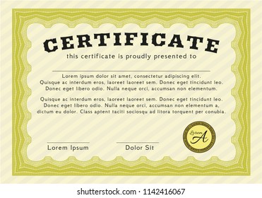 Yellow Certificate diploma or award template. Elegant design. Detailed. With linear background. 