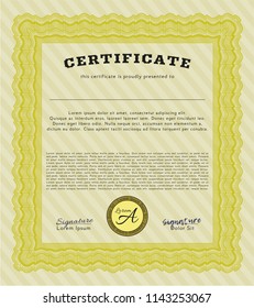 Yellow Certificate diploma or award template. Elegant design. Detailed. With guilloche pattern. 