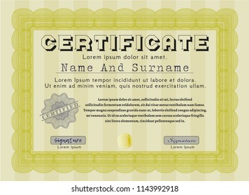 Yellow Certificate diploma or award template. With complex linear background. Nice design. Detailed. 