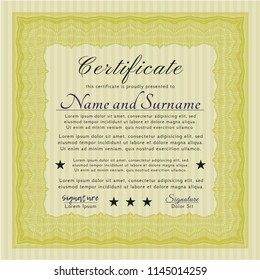 Yellow Certificate diploma or award template. Money Pattern design. With background. Customizable, Easy to edit and change colors. 