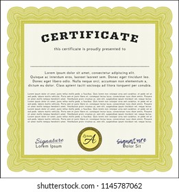Yellow Certificate diploma or award template. With background. Money design. Customizable, Easy to edit and change colors. 