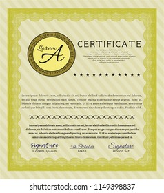 Yellow Certificate diploma or award template. Elegant design. Detailed. With background. 
