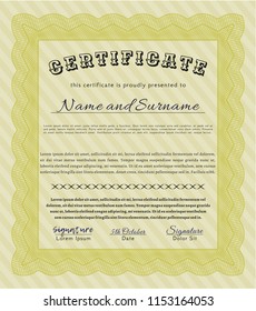 Yellow Certificate diploma or award template. Nice design. With great quality guilloche pattern. Detailed. 