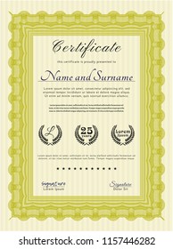 Yellow Certificate diploma or award template. Easy to print. Cordial design. Vector illustration. 