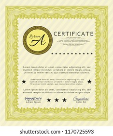 Yellow Certificate diploma or award template. With quality background. Vector illustration. Money style design. 