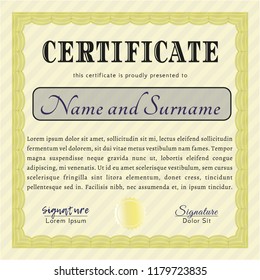 Yellow Certificate diploma or award template. With complex linear background. Detailed. Nice design. 