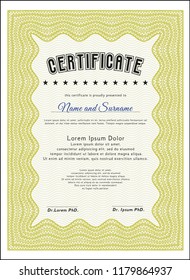 Yellow Certificate diploma or award template. Detailed. With background. Good design. 