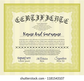 Yellow Certificate diploma or award template. With great quality guilloche pattern. Lovely design. Vector illustration. 