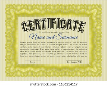 Yellow Certificate diploma or award template. Superior design. Complex background. Customizable, Easy to edit and change colors. 