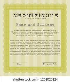 Yellow Certificate diploma or award template. Complex background. Cordial design. Customizable, Easy to edit and change colors. 