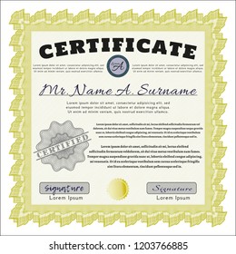 Yellow Certificate diploma or award template. Excellent design. Printer friendly. Vector illustration. 