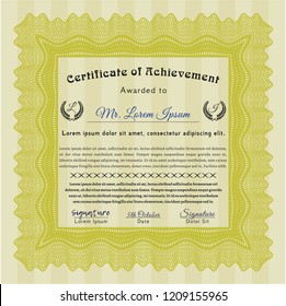 Yellow Certificate diploma or award template. Nice design. Detailed. With complex linear background. 