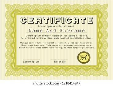 Yellow Certificate diploma or award template. Modern design. Vector illustration. Complex background. 