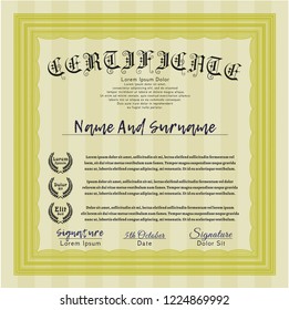 Yellow Certificate diploma or award template. With guilloche pattern. Artistry design. Vector illustration. 