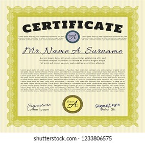 Yellow Certificate diploma or award template. Money Pattern. With guilloche pattern and background. Customizable, Easy to edit and change colors. 