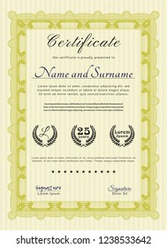 Yellow Certificate diploma or award template. Vector illustration. With guilloche pattern and background. Superior design. 