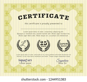 Yellow Certificate diploma or award template. Retro design. With background. Detailed. 