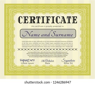 Yellow Certificate diploma or award template. Vector illustration. With linear background. Beauty design. 