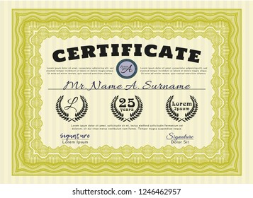 Yellow Certificate diploma or award template. Sophisticated design. Vector illustration. Complex background. 