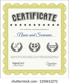 Yellow Certificate diploma or award template. Superior design. With complex background. Detailed. 