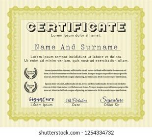 Yellow Certificate diploma or award template. With complex linear background. Detailed. Superior design. 