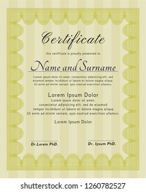 Yellow Certificate diploma or award template. Money Pattern. With complex linear background. Vector illustration. 