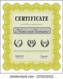 Yellow Certificate diploma or award template. Customizable, Easy to edit and change colors. With great quality guilloche pattern. Retro design. 