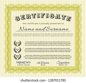 Yellow Certificate diploma or award template. Money design. With quality background. Customizable, Easy to edit and change colors. 