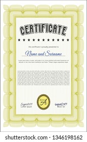 Yellow Certificate diploma or award template. Elegant design. Detailed. With complex linear background. 