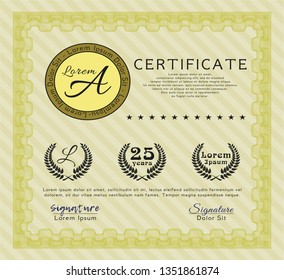 Yellow Certificate diploma or award template. Complex background. Customizable, Easy to edit and change colors. Money design. 