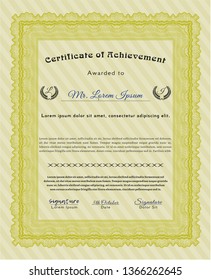 Yellow Certificate diploma or award template. Vector illustration. With complex linear background. Money Pattern. 