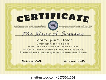 Yellow Certificate diploma or award template. Good design. Detailed. Printer friendly. 