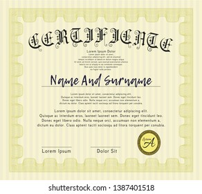 Yellow Certificate diploma or award template. With complex background. Customizable, Easy to edit and change colors. Nice design. 